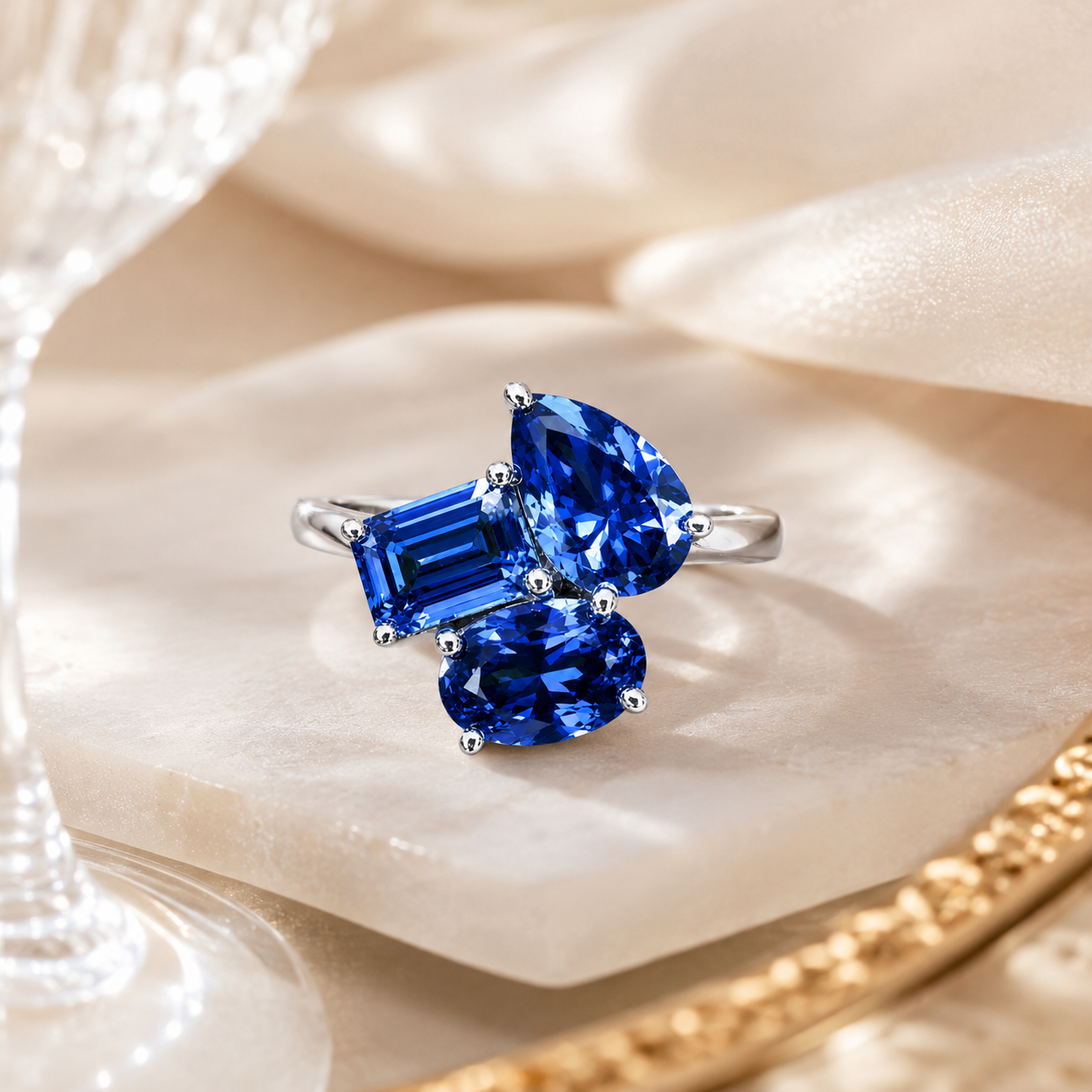 Fashion Multi-Cut Three Stone Blue Sapphire Engagement Ring