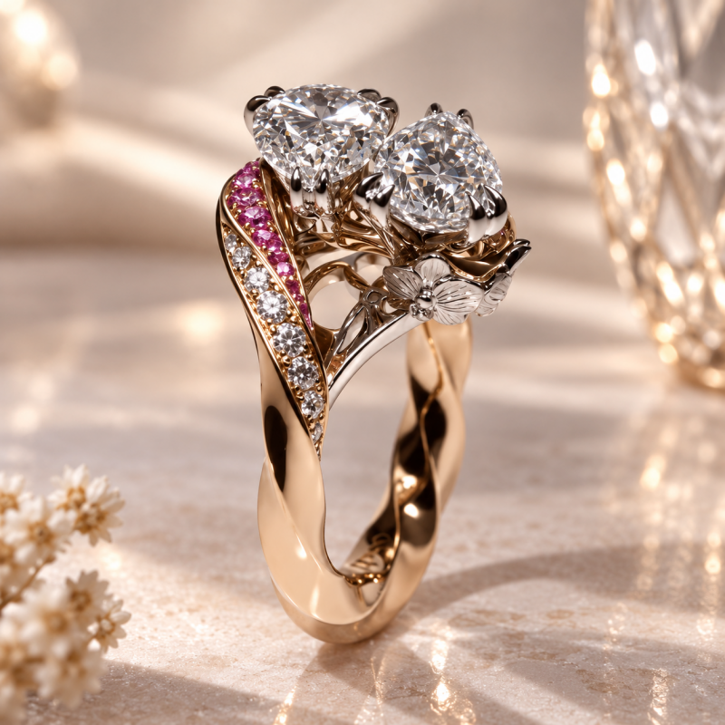 Vintage Toi et Moi Pear Cut White Sapphire Engagement Ring with Sculpted Orchid