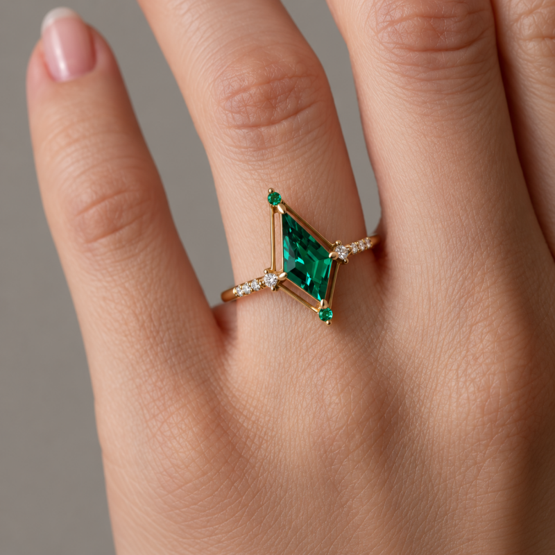Fashion 1.25ct Kite Cut Emerald Sapphire Chevron Cluster Wedding Set / 4pcs