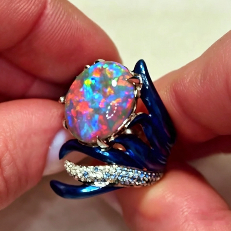 Art 6ct Oval Cut Opal Blue Enamel Sculptural Shank Engagement Ring