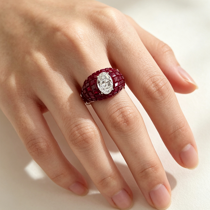 2ct Oval Cut White & Invisible Set Ruby Sapphire Dome Cocktail Ring