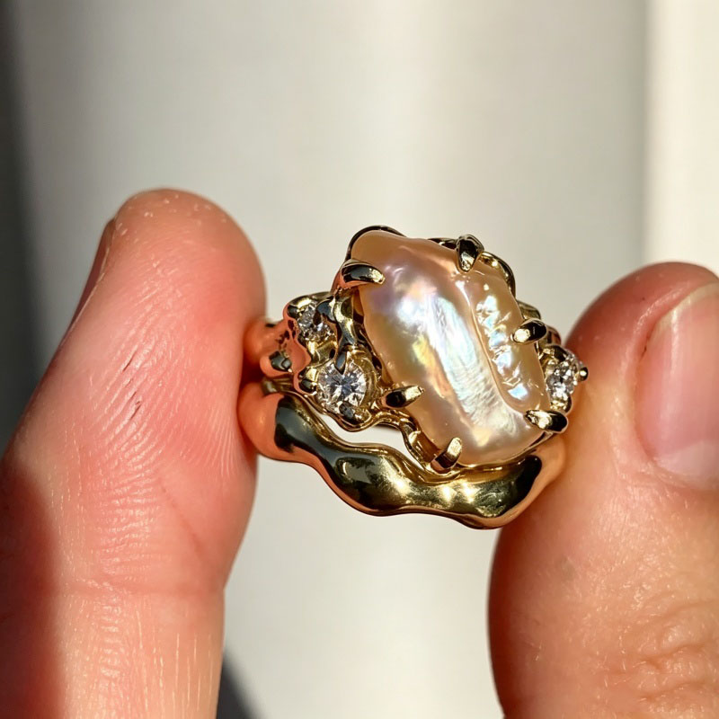 Fashion 4.25ct Biwa Pearl & Round Cut White Sapphire Wedding Set