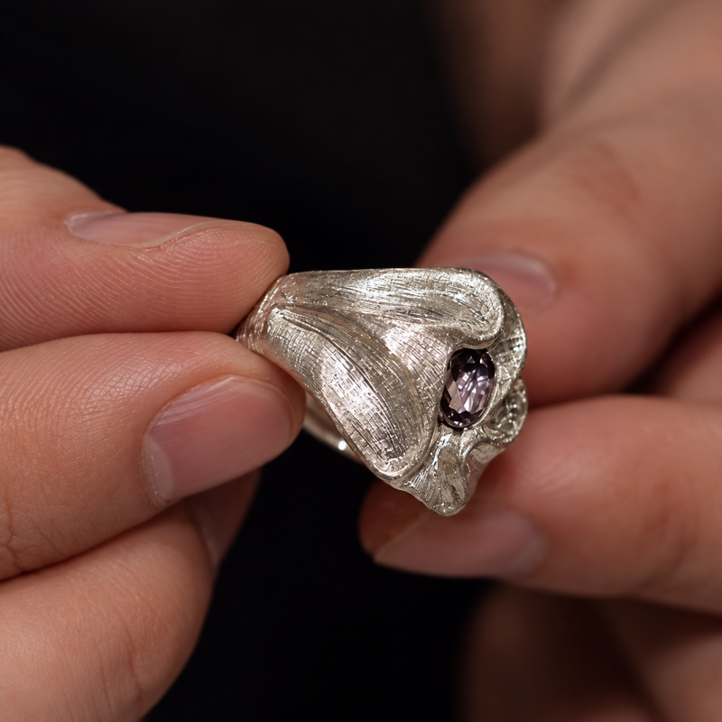 Art 1.25ct Oval Cut Purple Sapphire Fluid Brushed Textured Men's Ring