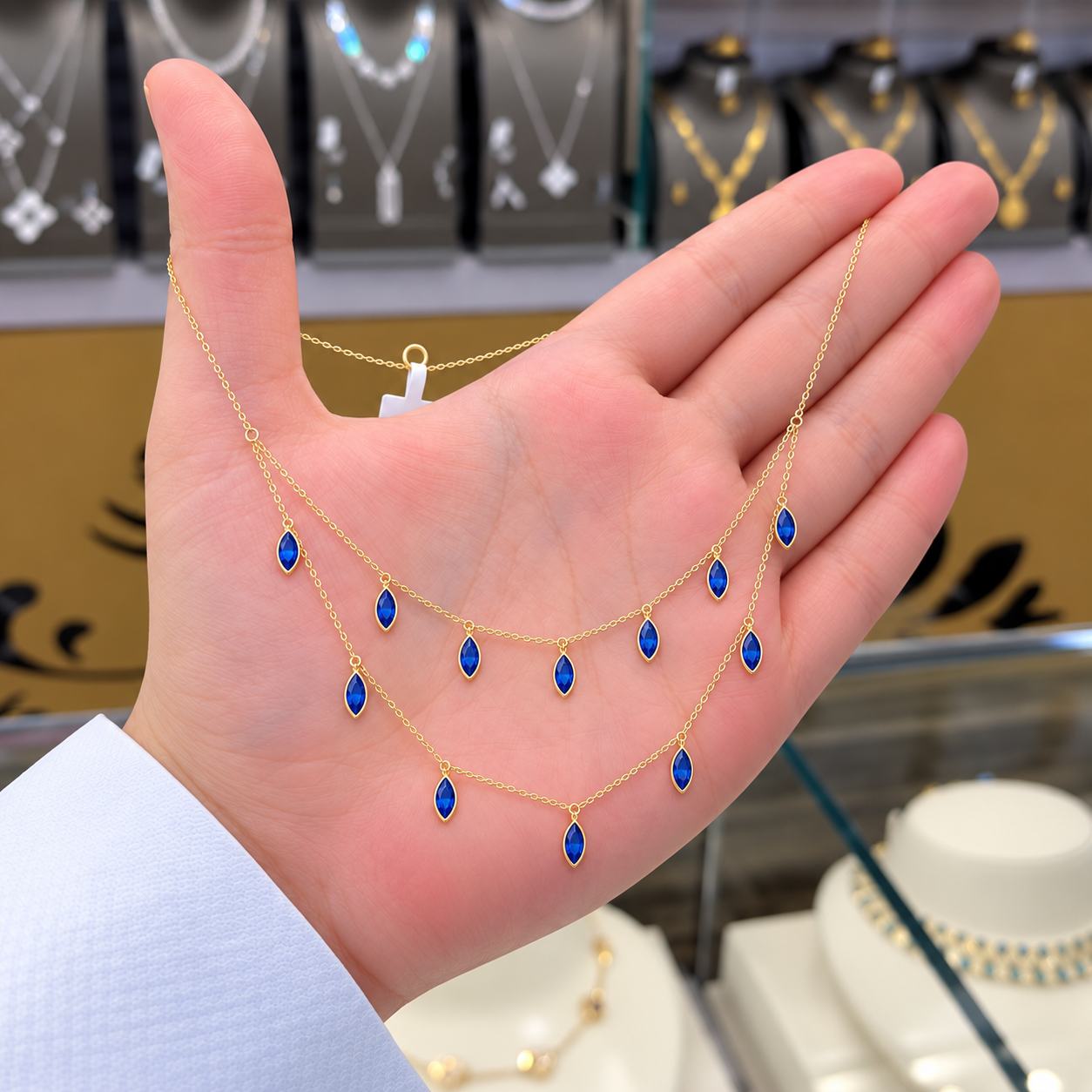 Fashion Marquise Cut Blue Sapphire Double Station Choker Necklace