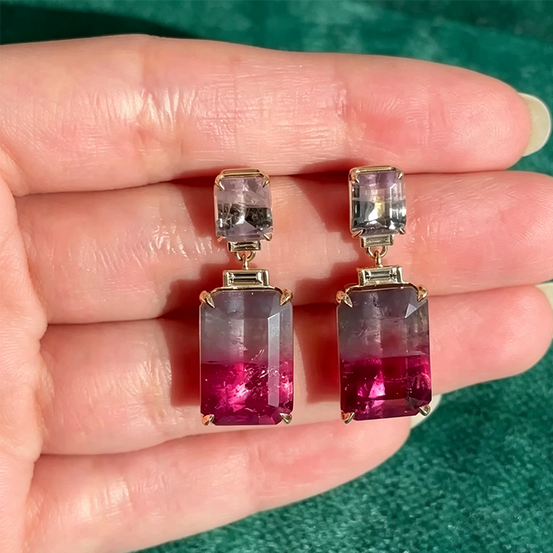 Emerald Cut Watermelon Bi-Color Tourmaline Drop Earrings
