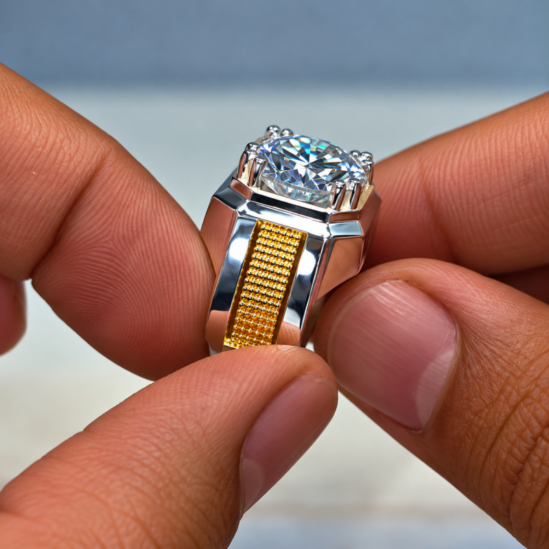 Two-Tone Octagon Frame Round Cut White Moissanite Solitaire Men's Ring