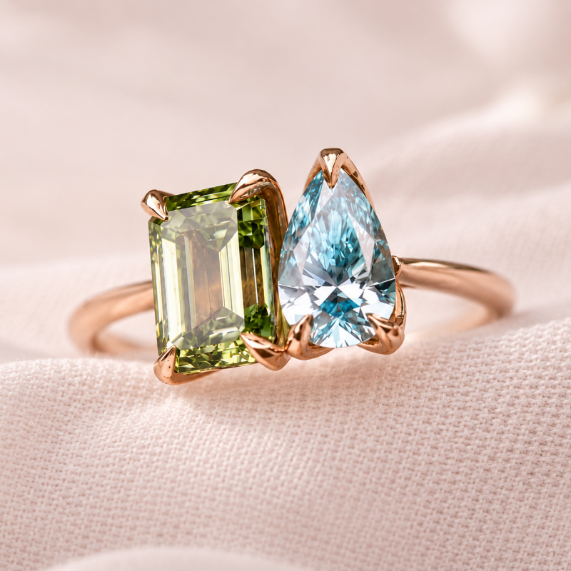 3ct Emerald Cut Green & Pear Cut Aquamarine Sapphire Two-Stone Engagement Ring