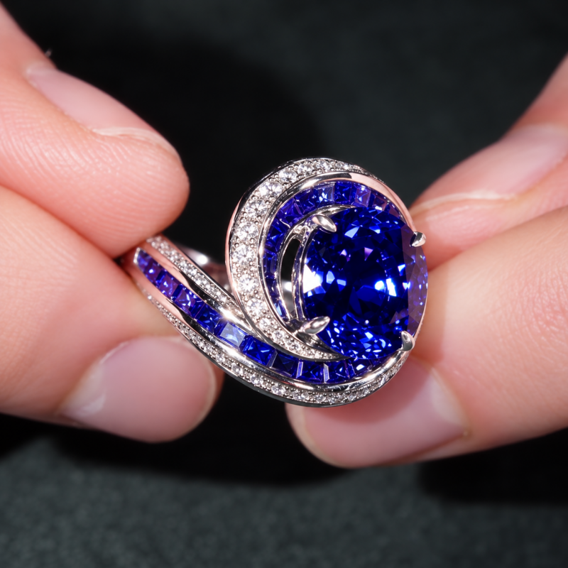 3ct Oval Cut Blue Sapphire Swirl Halo Cocktail Ring