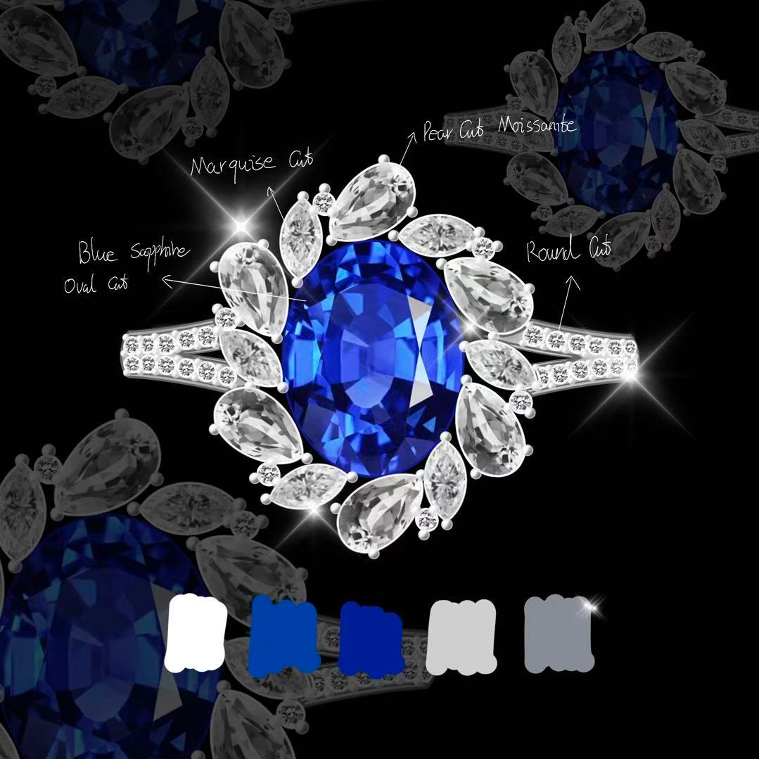 Original Design - 3ct Oval Cut Blue Sapphire & Moissanite Engagement Ring