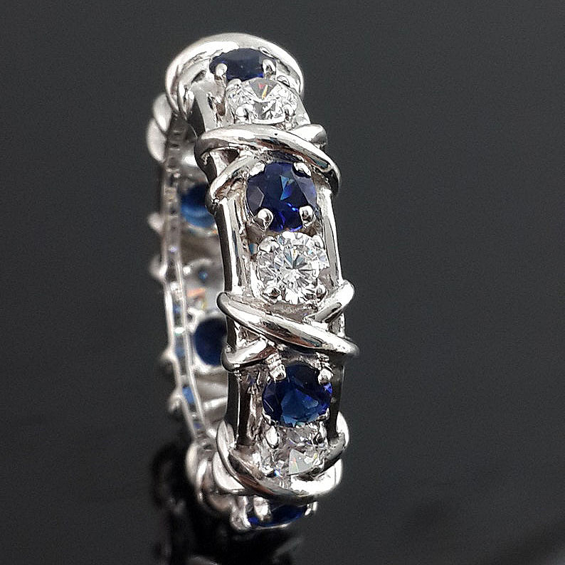 Luxury 16-Stone Blue Sapphire Eternity Ring For Ladies