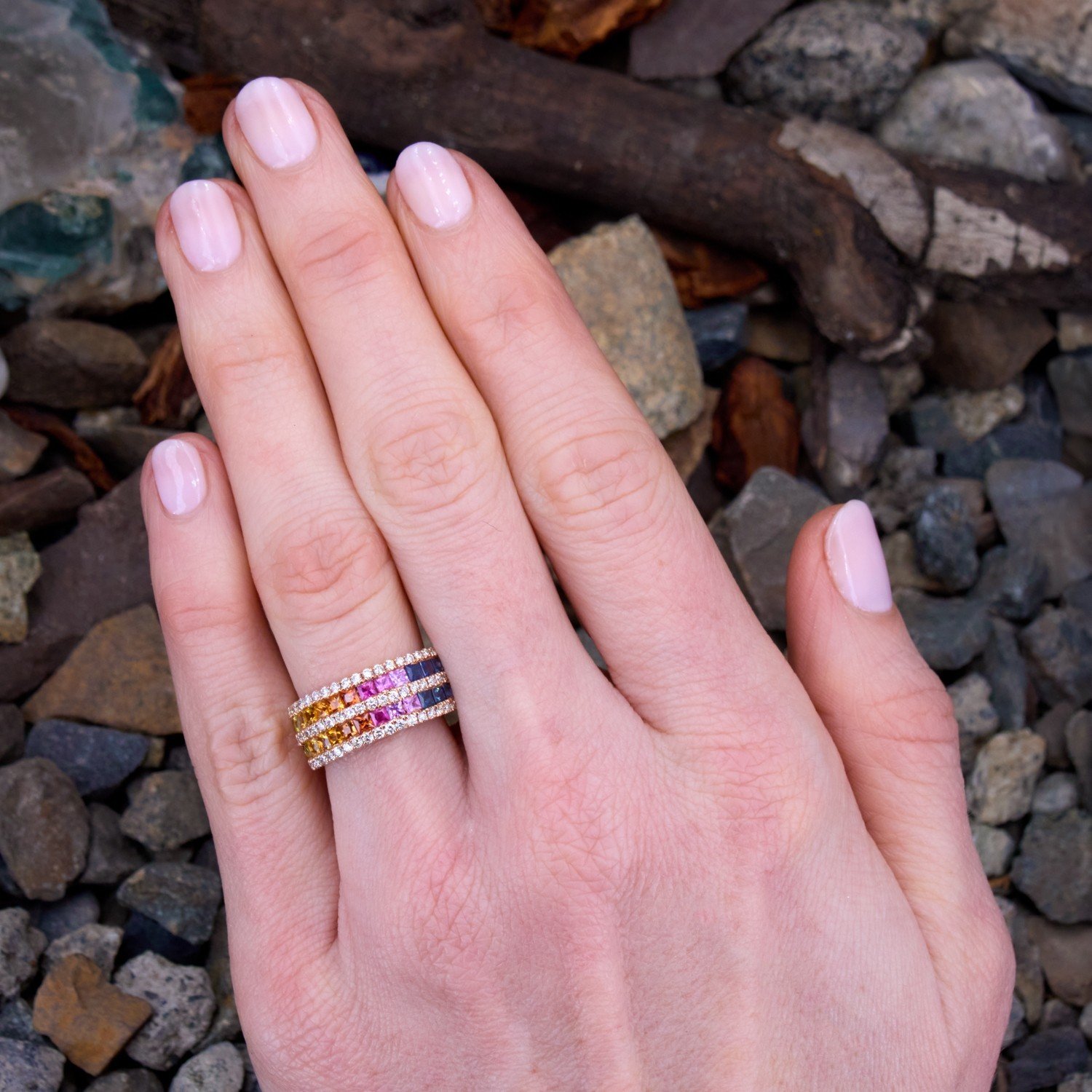 3.53ct Princess Cut Rainbow Sapphire Eternity Ring