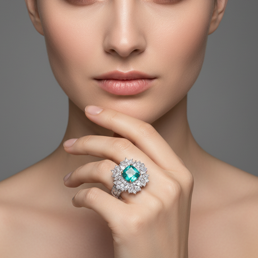 Original Design - Cushion Cut Paraiba Bluish & White Moissanite Engagement Ring