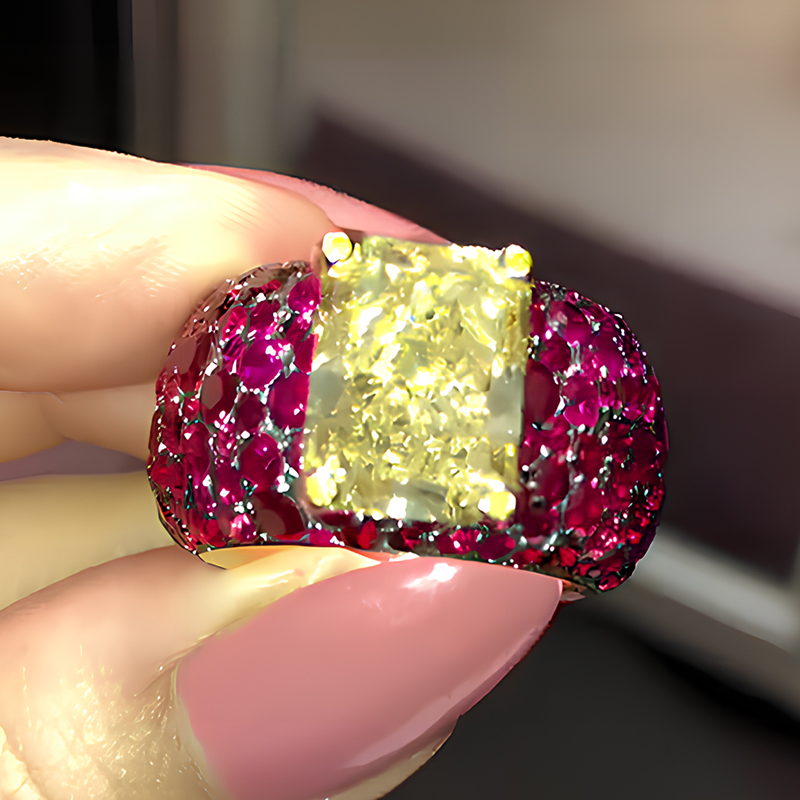 Pave Setting 6ct Radiant Cut Yellow Sapphire Cocktail Ring