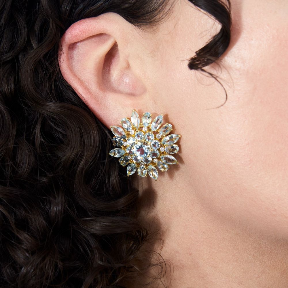 Sun Flower Aquamarine Sapphire Stud Earrings