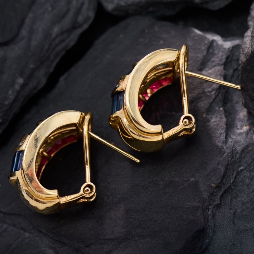 Three Tone Blue&Ruby&White Sapphire Hoop Earrings