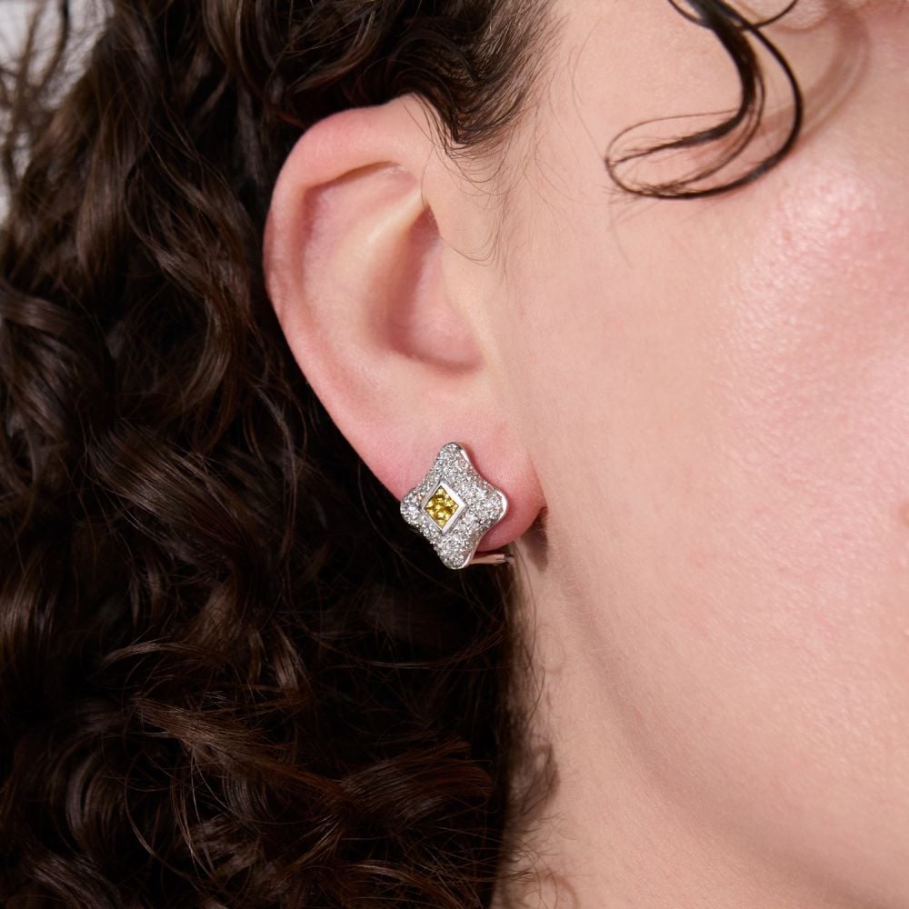 Four Leaf Clover Princess Cut Yellow Sapphire Stud Earrings