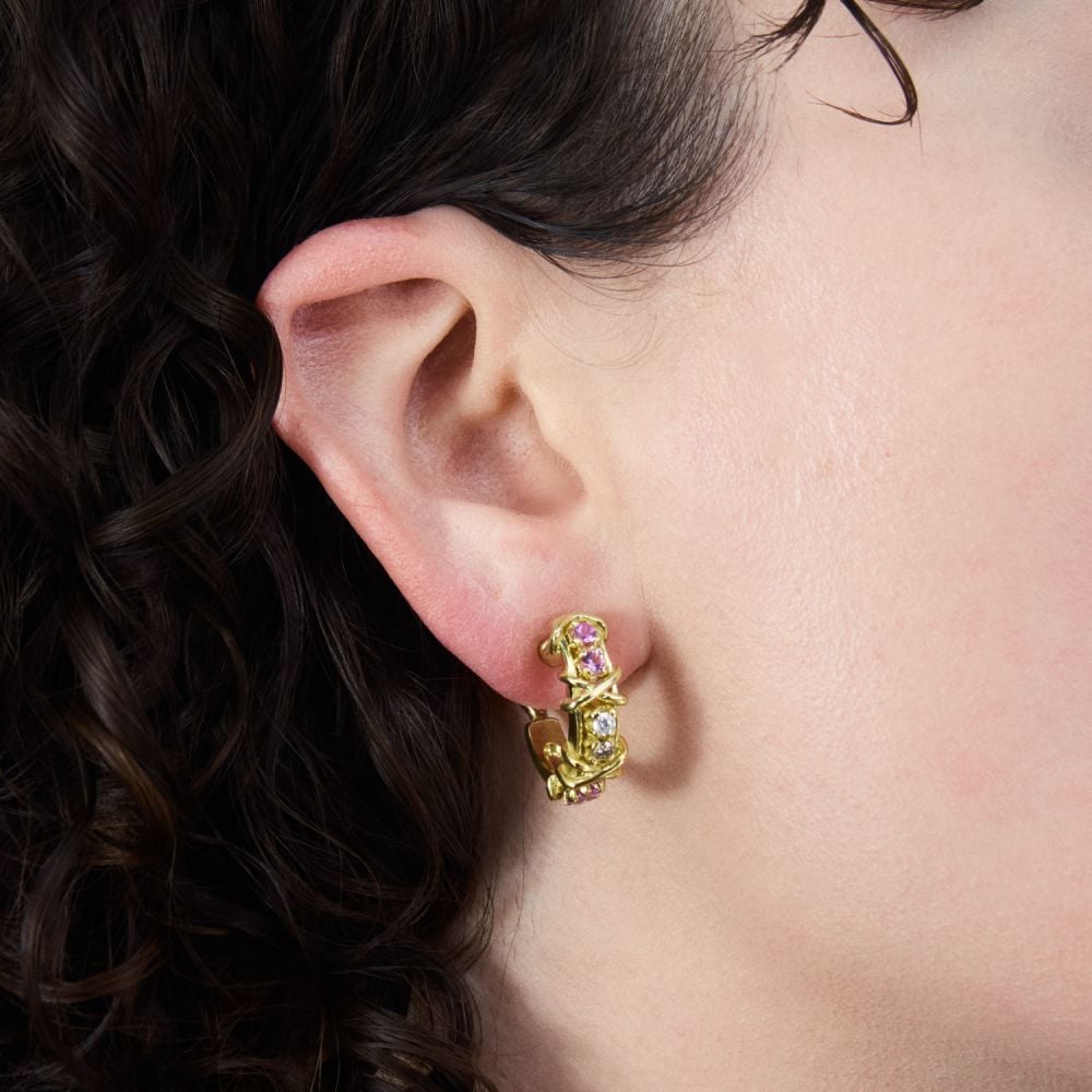 Two Tone Round Cut Pink&White Sapphire Hoop Earrings