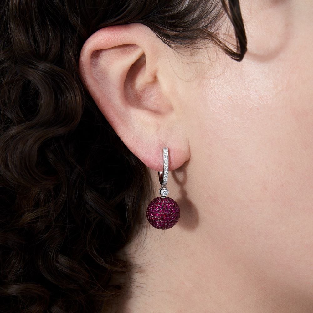 Ball Shape Pave Ruby Dangle Earrings