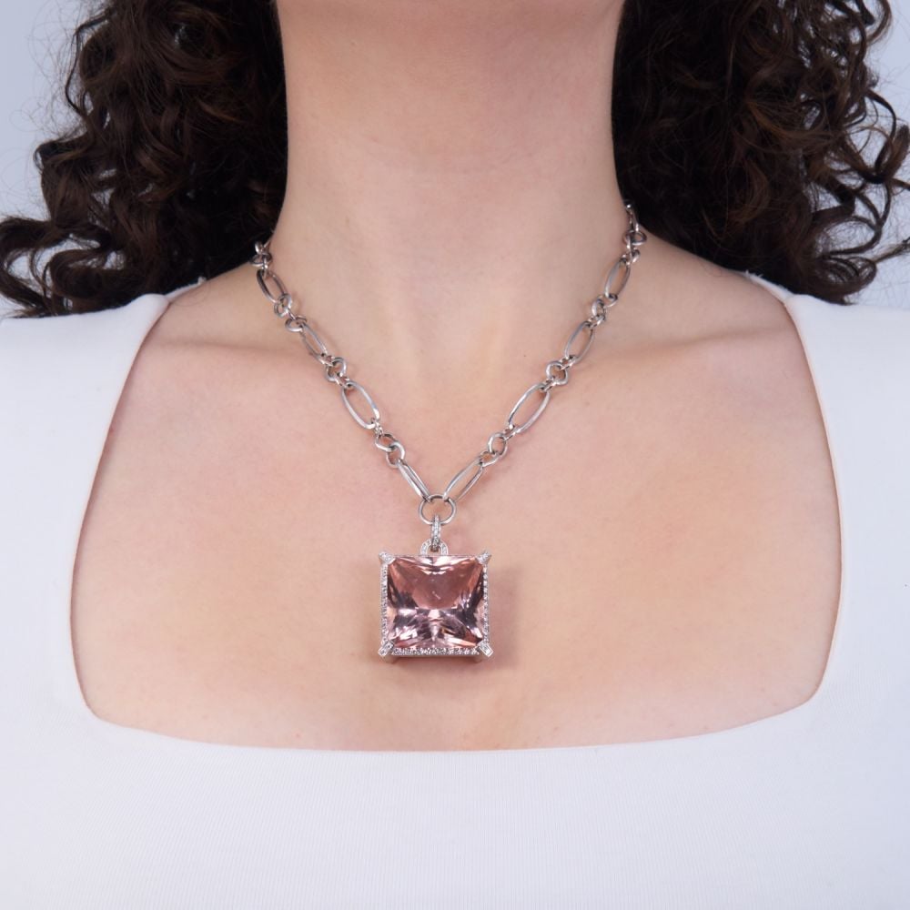 Halo Radiant Cut Morganite Pendant Necklace