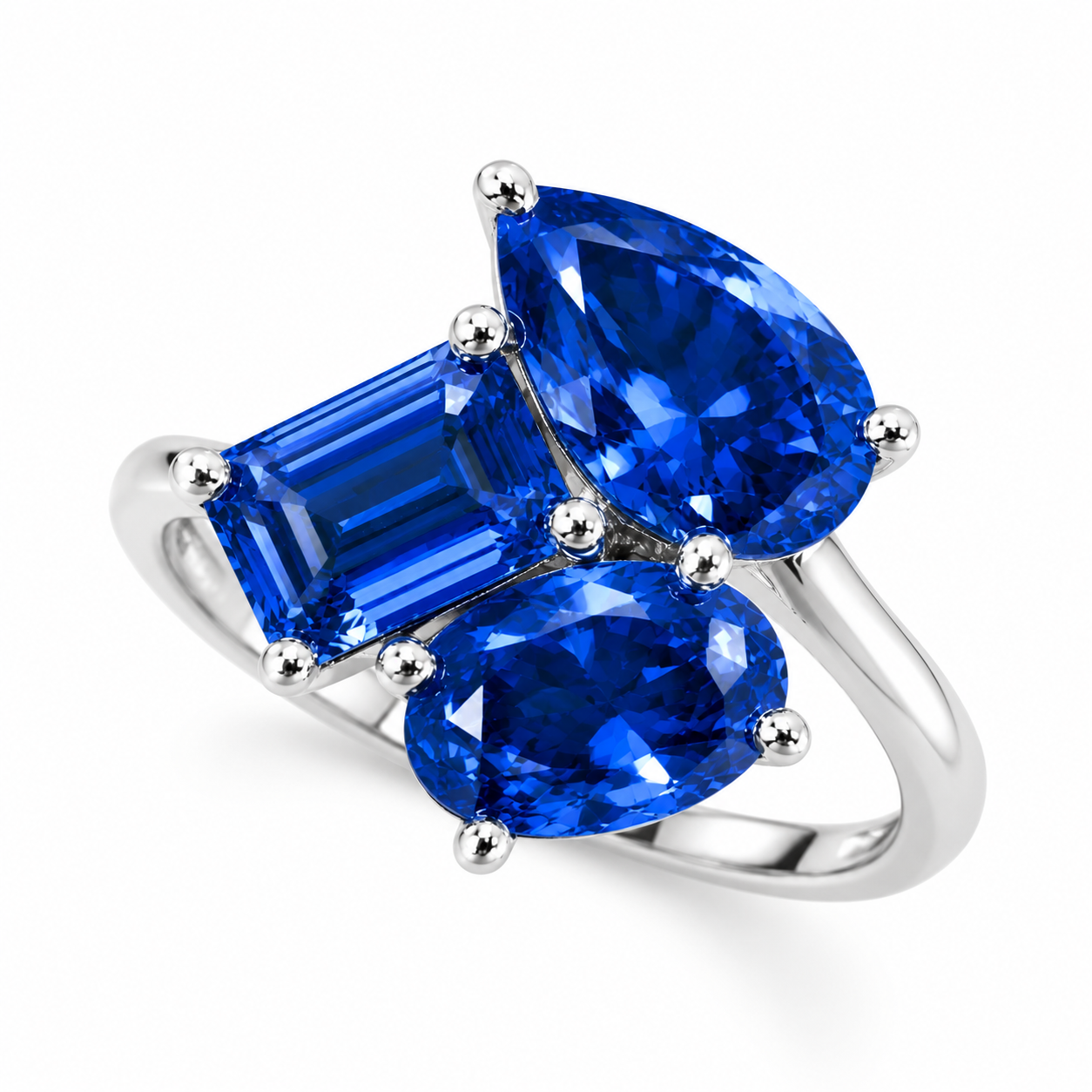 Fashion Multi-Cut Three Stone Blue Sapphire Engagement Ring