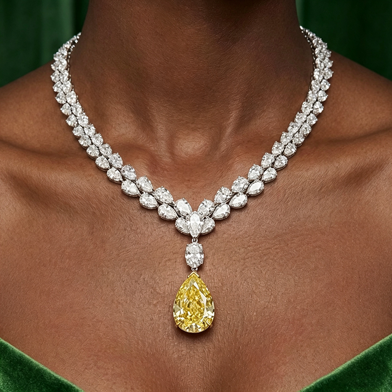 Two Tone Pear Cut Yellow & Two Row White Sapphire Occasion Necklace