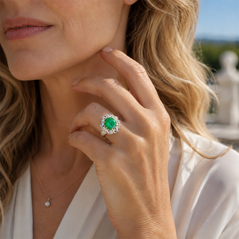 Fashion 3.25ct Round Cut Green Sapphire Halo Cocktail Ring