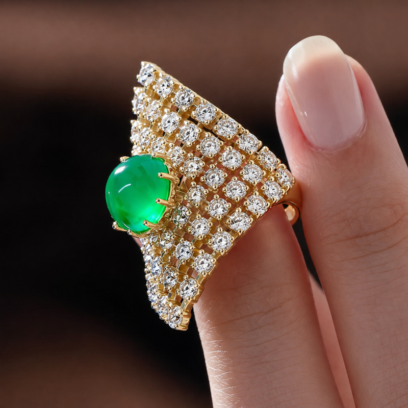 3.75ct Round Cut Green Sapphire Fan-Shaped Cocktail Ring with White Sapphire Mesh