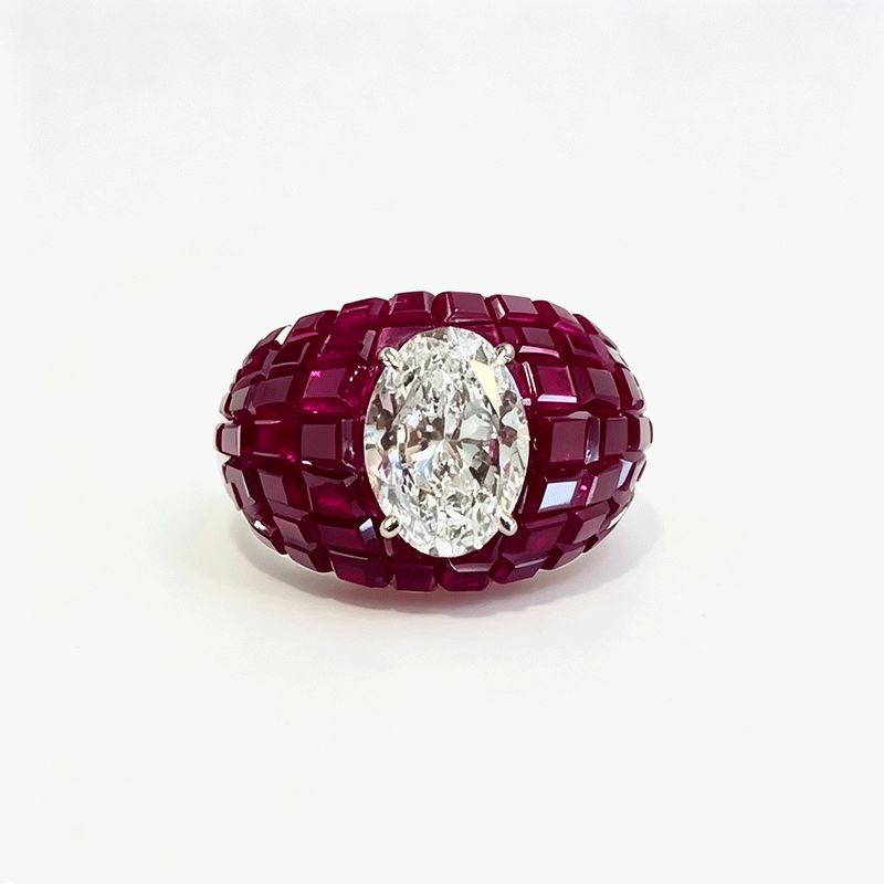 2ct Oval Cut White & Invisible Set Ruby Sapphire Dome Cocktail Ring