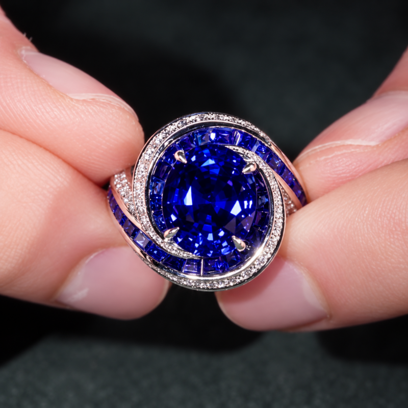 3ct Oval Cut Blue Sapphire Swirl Halo Cocktail Ring