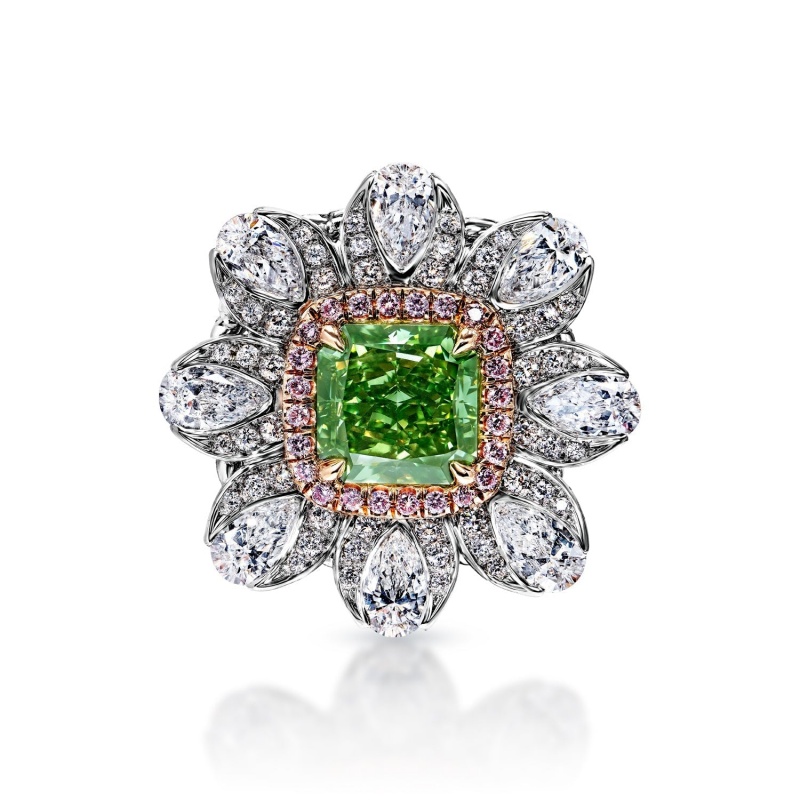 3.5ct Radiant Cut Green Sapphire Floral Design Cocktail Ring