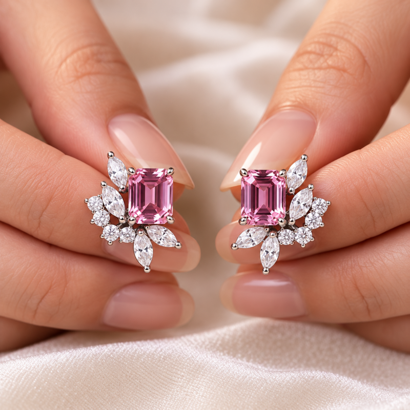 Emerald Cut Pink & Multiple Cut Whit Sapphire Halo Stud Earring - 1 Pair