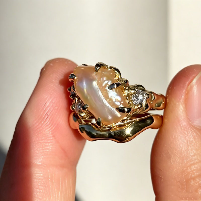 Fashion 4.25ct Biwa Pearl & Round Cut White Sapphire Wedding Set