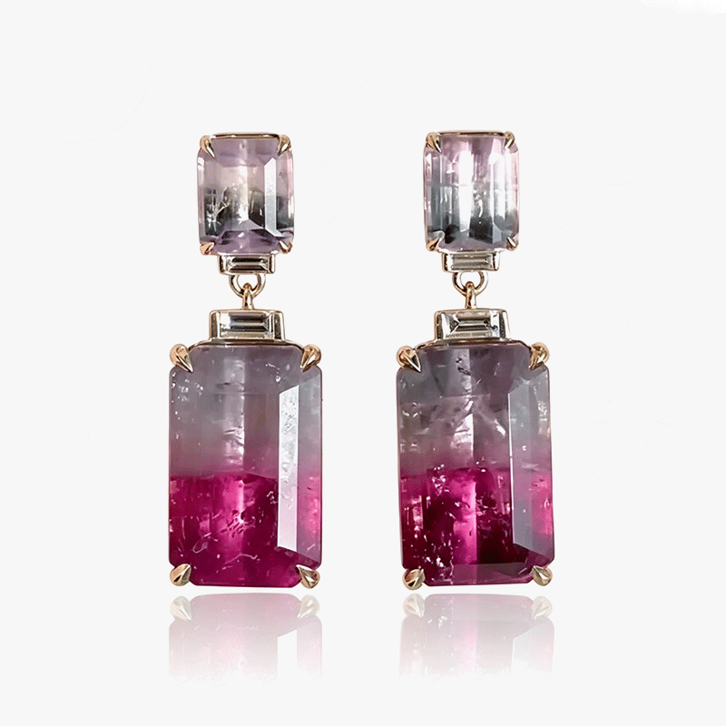 Emerald Cut Watermelon Bi-Color Tourmaline Drop Earrings