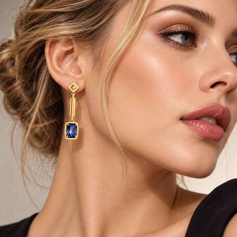 Art Deco Cushion Cut Blue Sapphire Dangle Earrings - 1 Pair