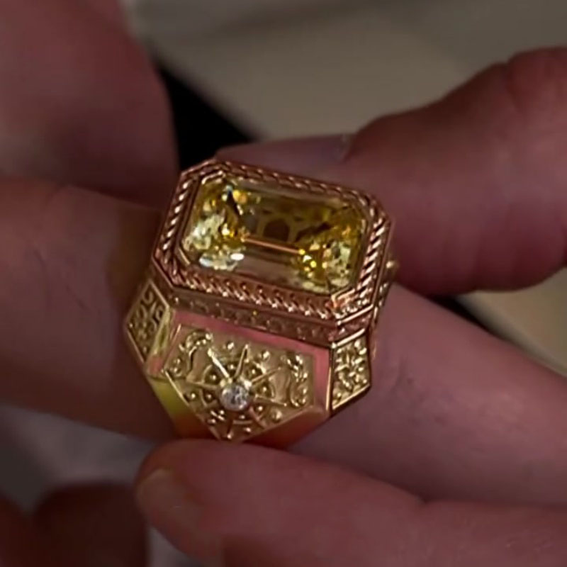4ct Emerald Cut Yellow Sapphire Two-Tone Gold Vintage Engraved Men's Ring