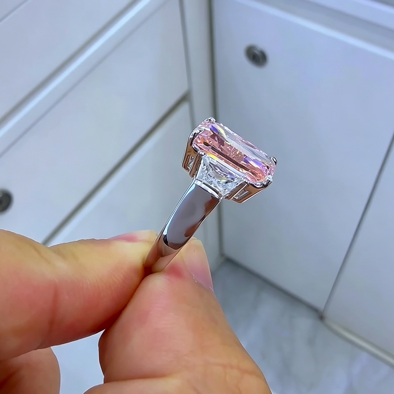 4.25ct Emerald Cut Pink Sapphire Three Stone Engagement Ring