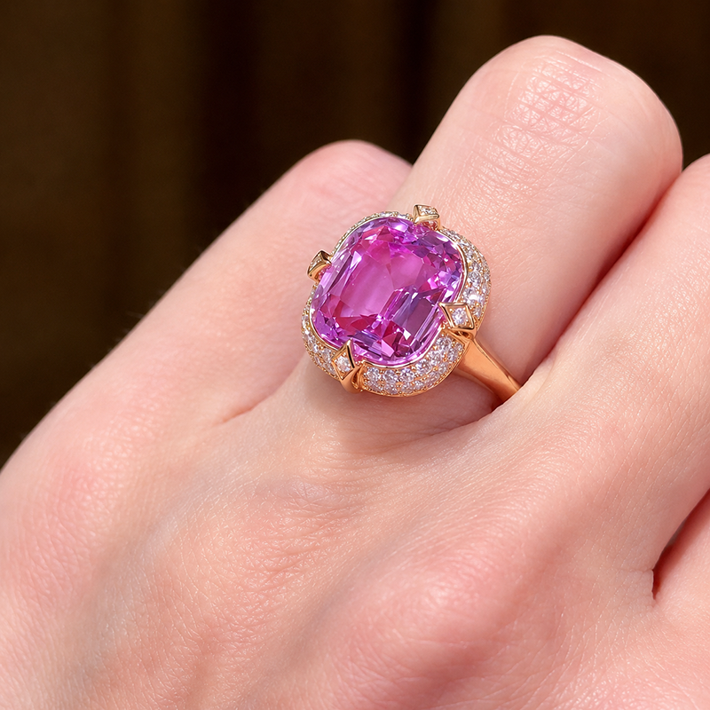 3.75ct Cushion Cut Pink Sapphire Halo Cocktail Ring with Round Cut White Sapphire Accents