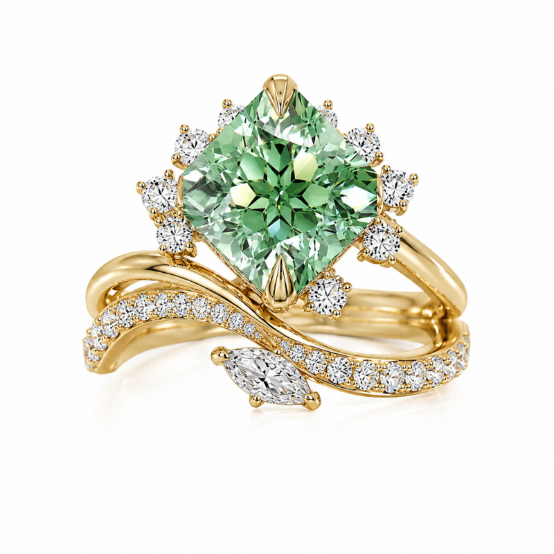 Fashion 3ct Cushion Cut Mint Green & White Sapphire Halo Engagement Ring