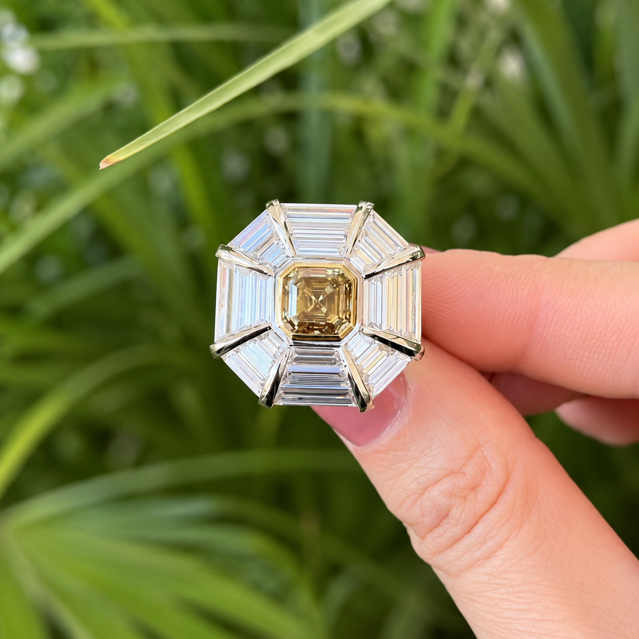 Fashion Asscher Cut Orangy Yellow Sapphire Sunburst Halo Engagement Ring