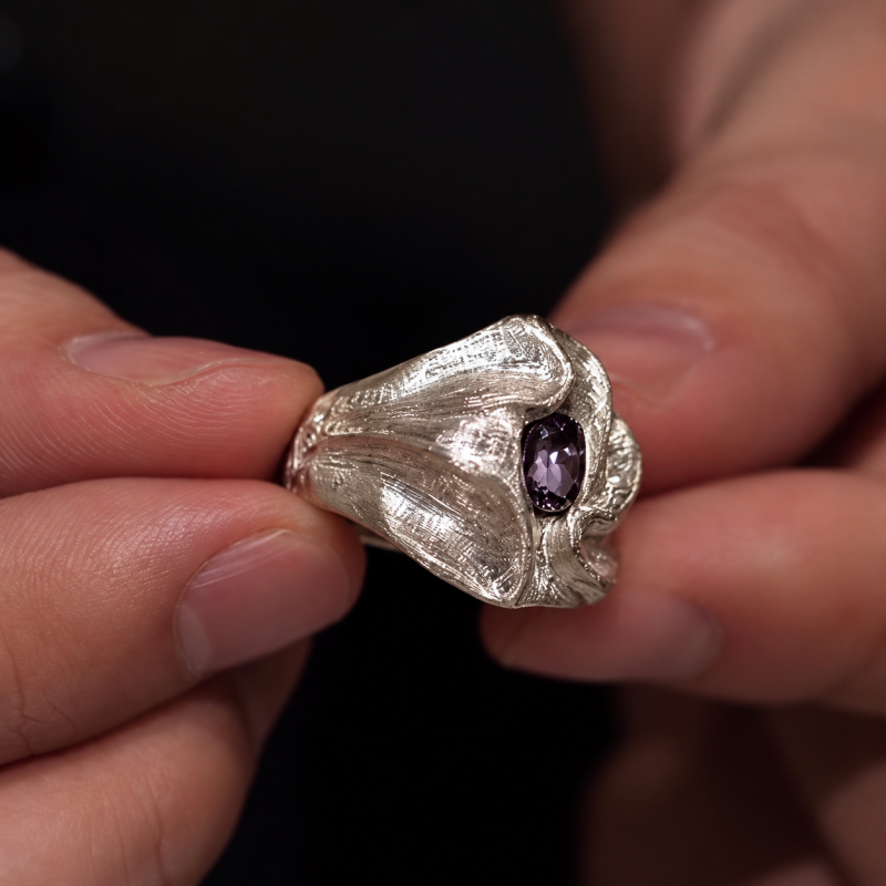 Art 1.25ct Oval Cut Purple Sapphire Fluid Brushed Textured Men's Ring