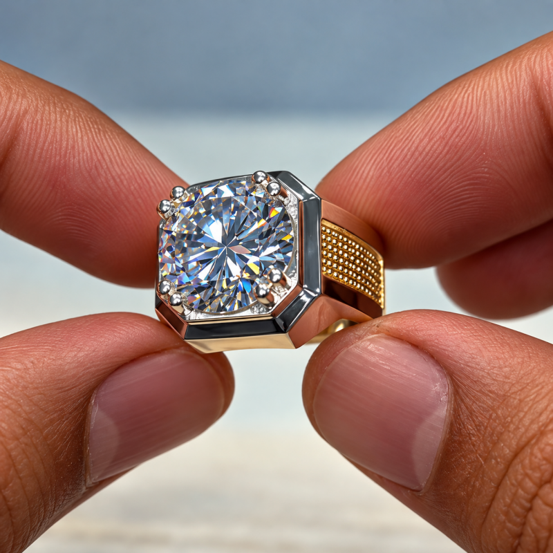 Two-Tone Octagon Frame Round Cut White Moissanite Solitaire Men's Ring
