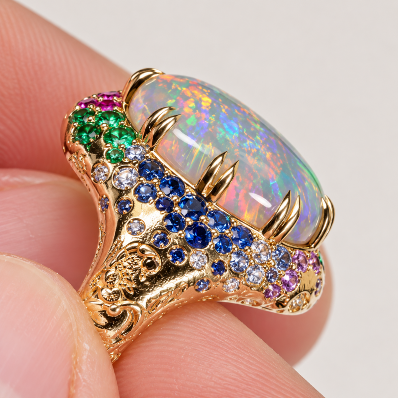 Art 6.75ct Oval Cut Opal & Round Cut Multicolor Sapphire Halo Engagement Ring