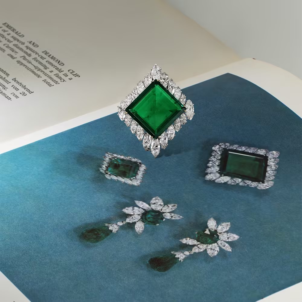Princess&Marquise Cut Halo Emerald Sapphire&Diamond Brooch