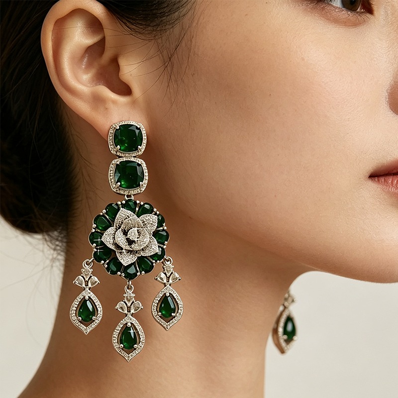 Cushion Cut Emerald & Multiple Cut White Sapphire Dangle Earrings