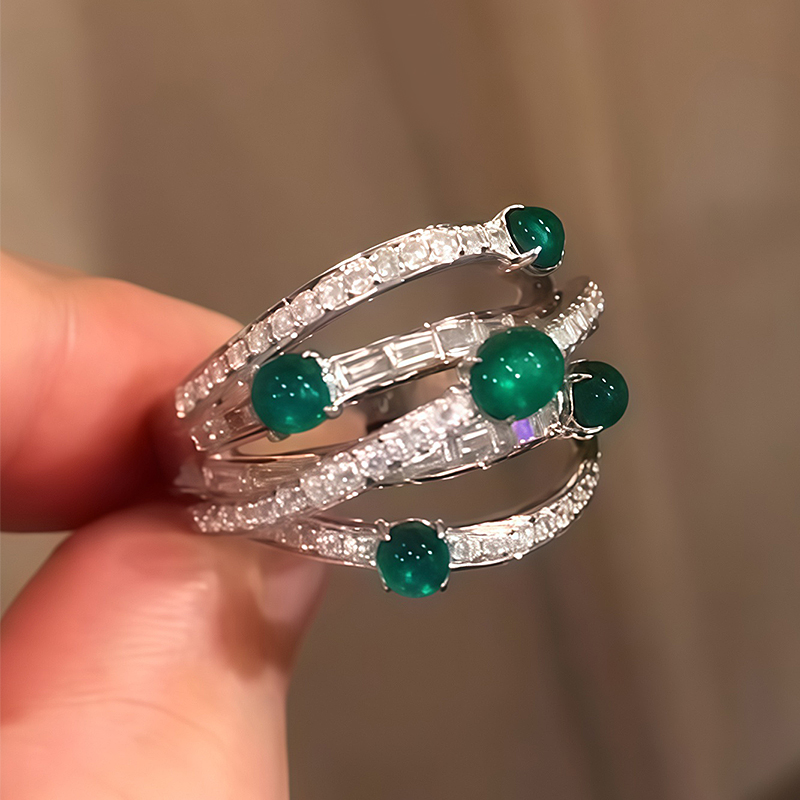 Twisted Pave Emerald & White Sapphire Cabochon & Baguette Cut Multi-Band Statement Ring