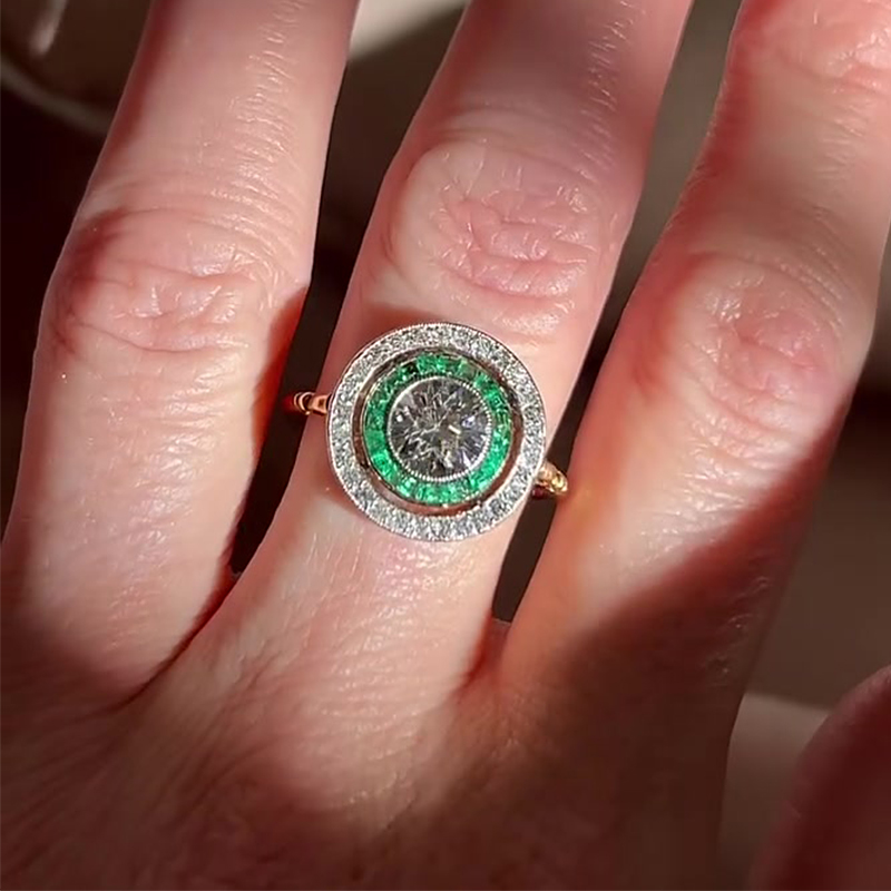 Emerald & White Sapphire Round & Princess Cut Halo Engagement Ring