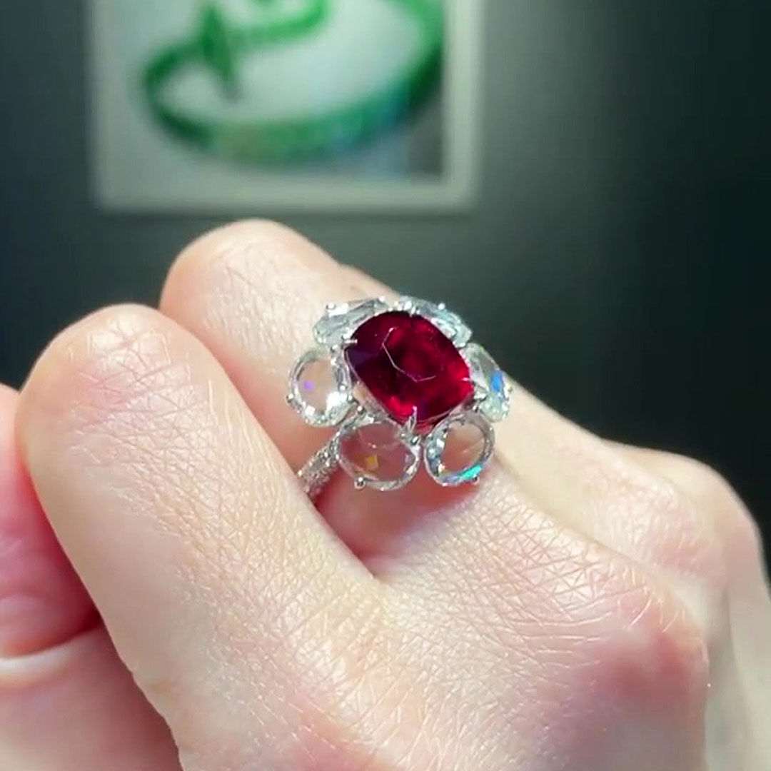 Floral Design 5ct Cushion Cut Ruby Sapphire Engagement Ring