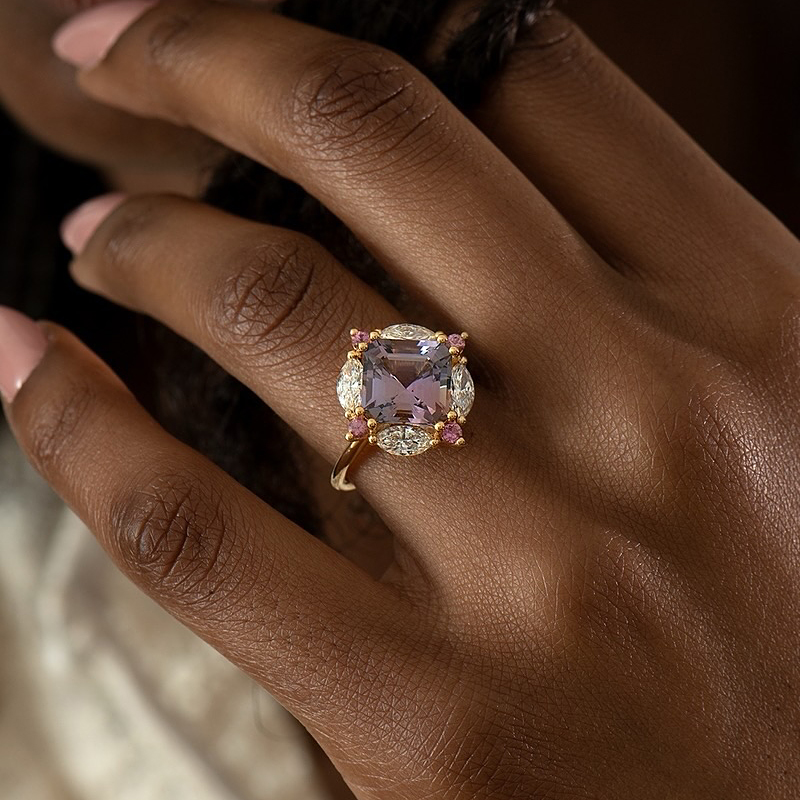 Asscher Cut Lavender Spinel & Multi-Stone Halo Ring