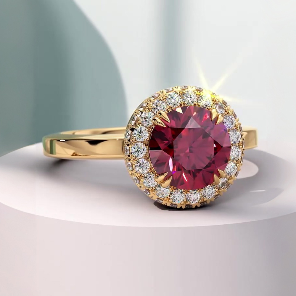 Round Cut Garnet & White Sapphire Wedding Set / 3-Piece