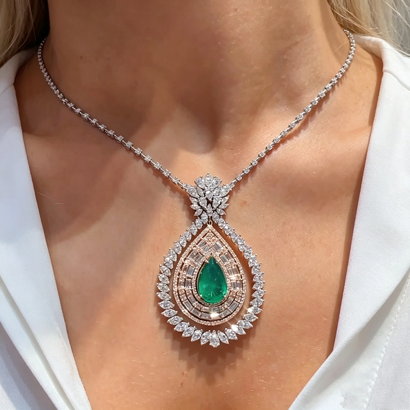 Pear Cut Green & Multiple Cut White Sapphire Occasion Necklace